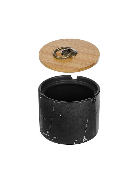 Ceramic Ashtray Marble Design Bamboo Lid Black 10x7cm