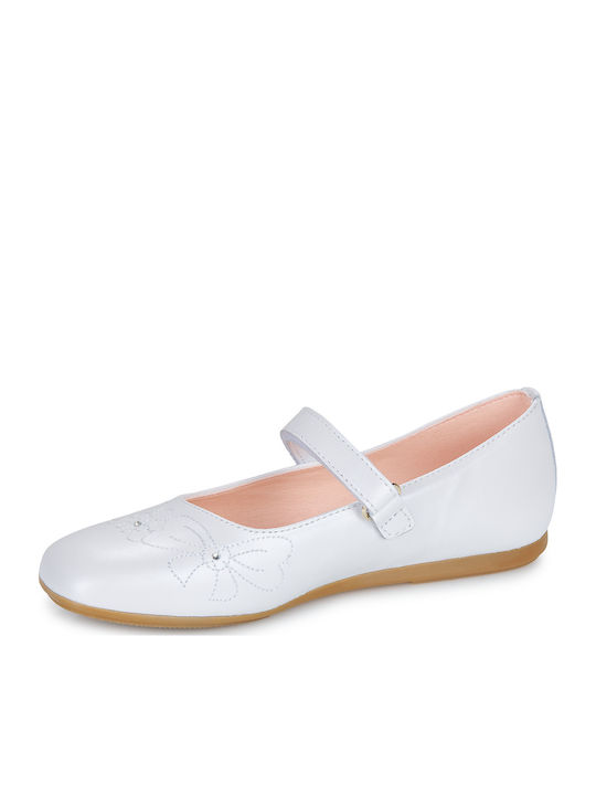 Kids Leather Ballerinas with Hoop & Loop Closure White