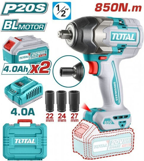 Total Brushless Μπουλονόκλειδο Μπαταρίας 20V 2x4Ah με Υποδοχή 1/2"