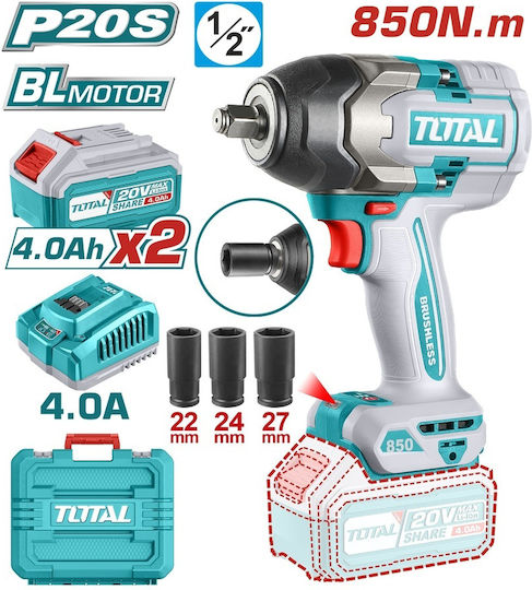 Total Brushless Μπουλονόκλειδο Μπαταρίας 20V 2x4Ah με Υποδοχή 1/2"