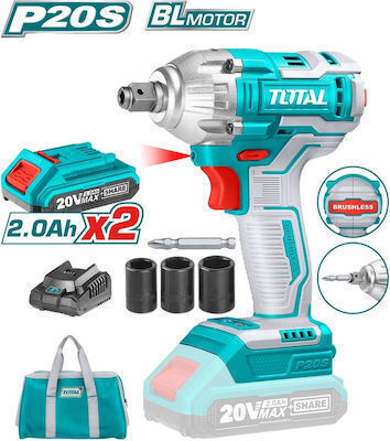 Total Brushless Μπουλονόκλειδο Μπαταρίας 20V 2x2Ah με Υποδοχή 1/2"