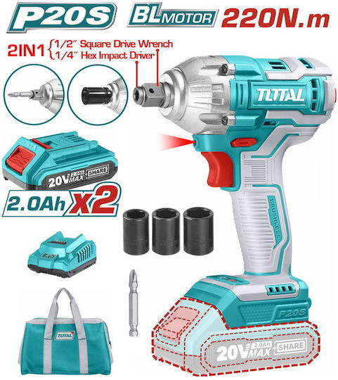 Total Brushless Μπουλονόκλειδο Μπαταρίας 20V 2x2Ah με Υποδοχή 1/2"
