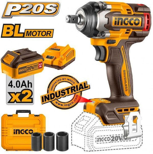 Ingco Brushless Impact Wrench Battery 20V 2x4Ah with Socket 1/2"