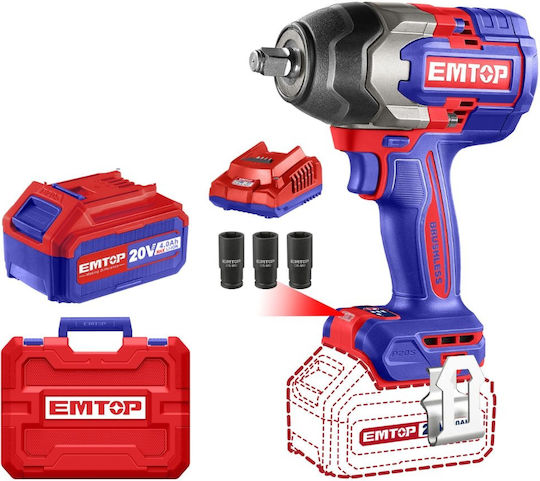 Emtop ECIWL2085 Brushless Impact Wrench Battery 20V 2x4Ah with Socket 1/2"