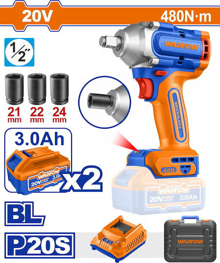 Wadfow WCD1B48 Brushless Impact Wrench Battery 20V 2x3Ah with Socket 1/2"