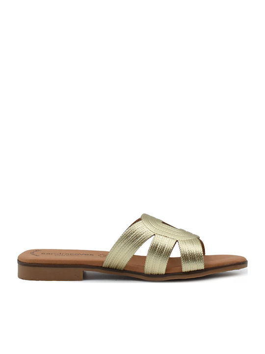 Leather Women's Flat Sandals in Gold Color