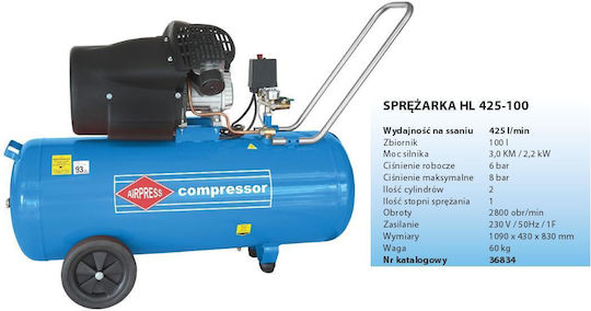 Airpress Μονοφασικό Κομπρεσέρ Αέρος με Ισχύ 3hp και Αεροφυλάκιο 100lt