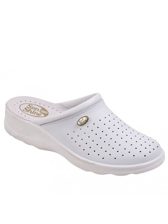 Sunshine Damen Leder Anatomisch Clogs Weiß