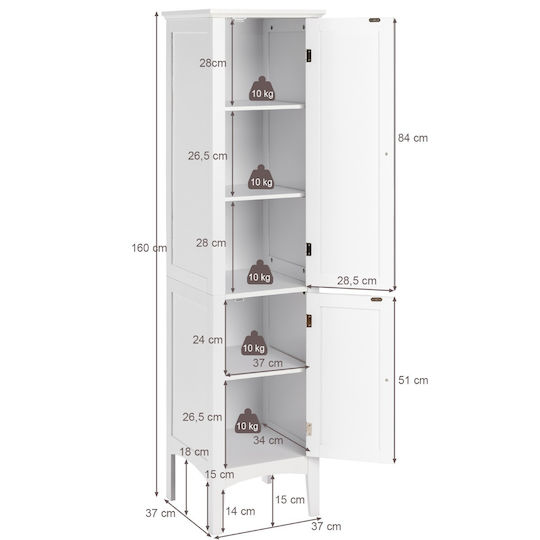 Costway JV11369WH Στήλη Μπάνιου Δαπέδου 37x37x160cm Λευκή