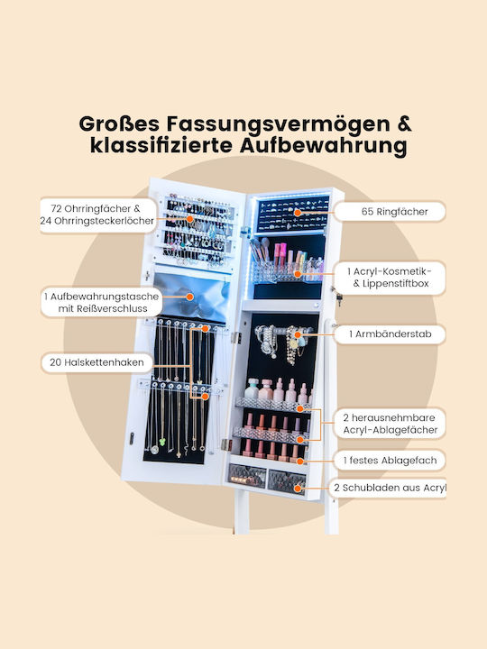 Costway Schmuckkästchen Glas mit Schublade & Spiegel Weiß
