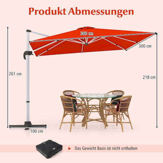 Umbrelă Pătrată Din aluminiu Roz cu Bază de Susținere 3x3m