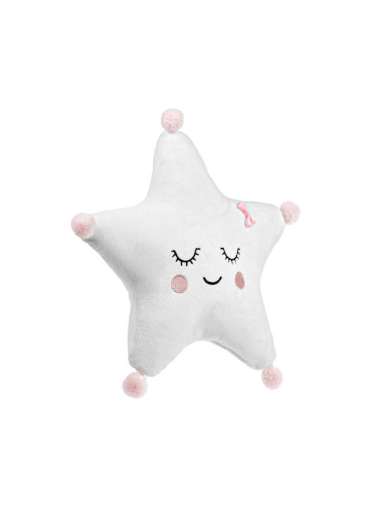 Kids Throw Pillows Star Embroidery Pink Pom-pom 36x36cm White
