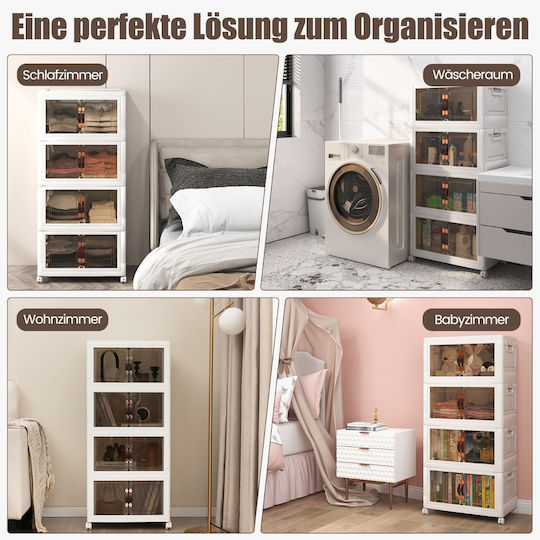 Costway Wooden Storage Box with Wheels and Lid White 49.5x31.5x112.5cm 4pcs