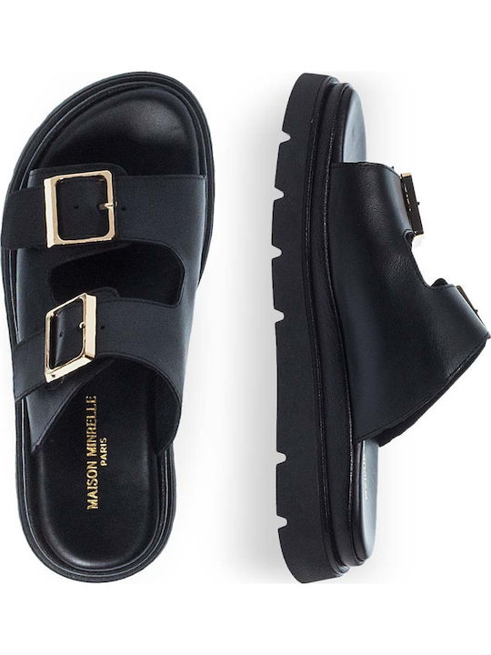 Leather Women's Flat Sandals in Black Color