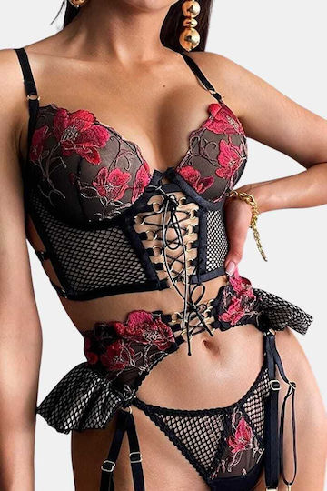 Set 3 Pieces Sexy Intimate Erotic Lingerie Made Thick Solid Lace Flowers Push-up Bra S