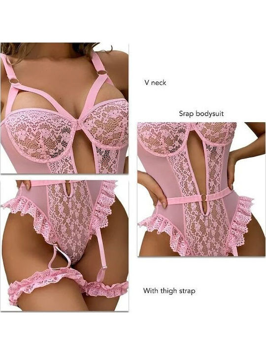 Set de lenjerie intimă erotică body din dantelă sexy cu portjartier și sutien push-up