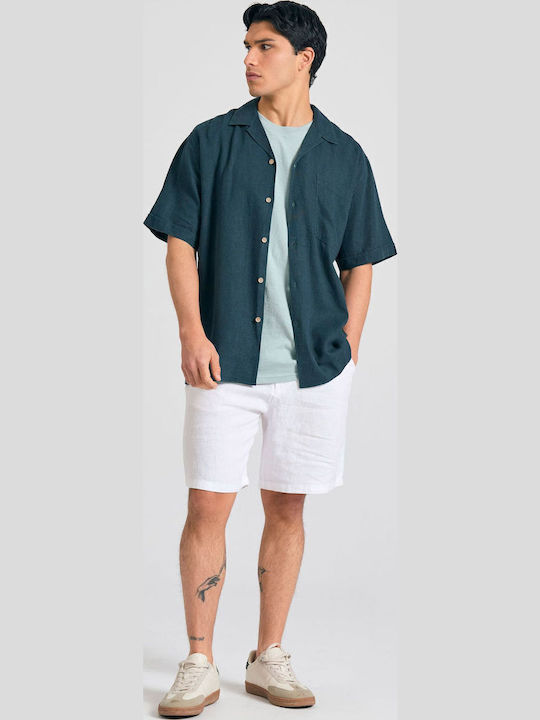 Short-sleeved Linen Shirt in Wide Line Dk Teal