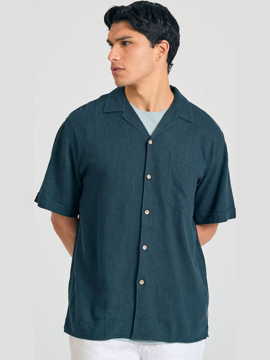 Short-sleeved Linen Shirt in Wide Line Dk Teal