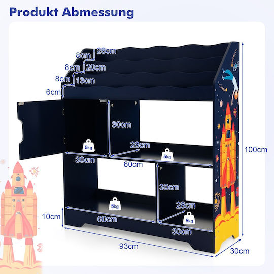 Kids Wooden Bookcase Blue 93x30x100cm