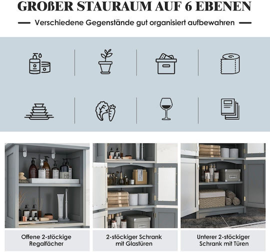 Costway Tall White Gray Storage Cabinet 163 cm Adjustable Shelves Glass Doors Bathroom Kitchen or Living Room Jv10642gr