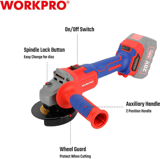 WorkPro WP392004 Polizor unghiular 125mm Baterie Fără perii cu Controlul Vitezei 20V Solo