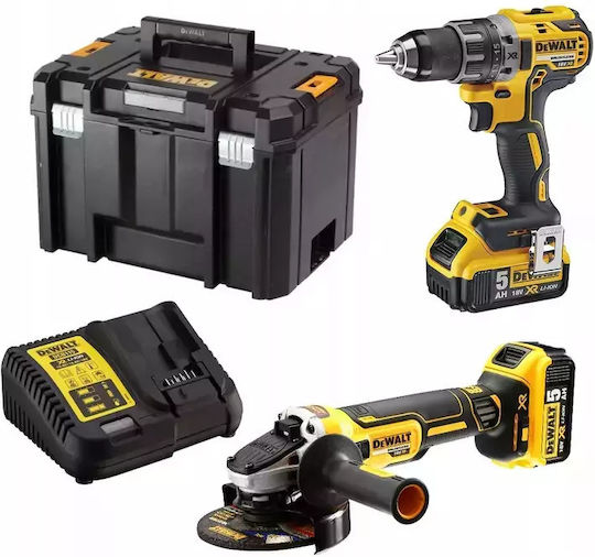DEWALT DCK2020P2T Set Roată unghiulară & Mașină de găurit 18V cu 2 baterii 5Ah și husă