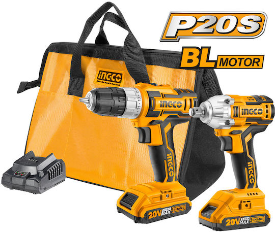 Ingco CKLI2007 Set Drill Driver & Impact Driver 20V with 2 Batteries 2Ah and Case