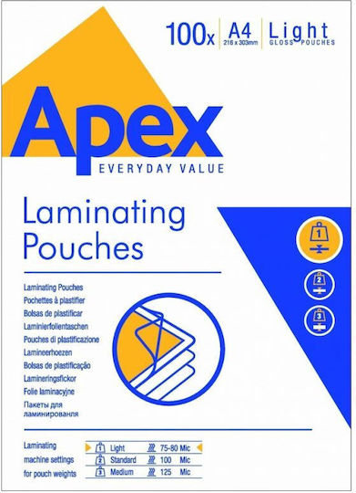 Fellowes Apex Light Duty Glossy Laminating Sheets A4 80 Microns 100 Pieces