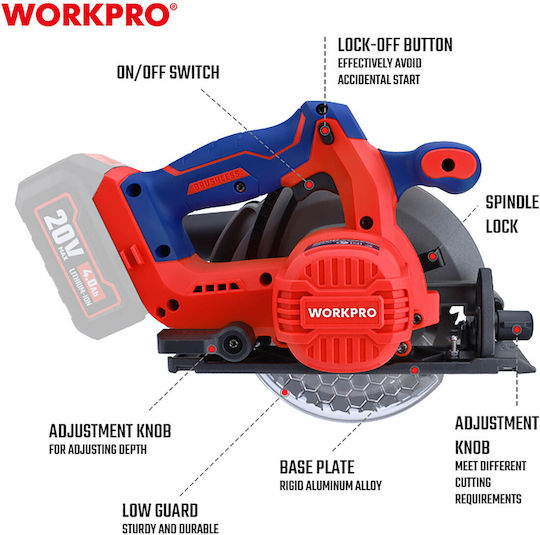 WorkPro Δισκοπρίονο Brushless 20V Solo με Ρύθμιση Ταχύτητας