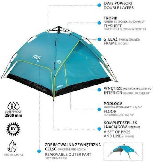 Nils Nils Camp Shadow Camping Tent Igloo Blue with Double Cloth 4 Seasons for 3 People 200x200x140cm