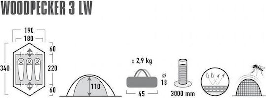 High Peak Woodpecker 3 LW Camping Tent Igloo Mountaineering Green with Double Cloth 4 Seasons for 3 People Waterproof 3000mm 220x190x110cm