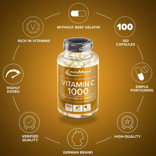 IronMaxx Vitamin C 1000 Βιταμίνη για Ενίσχυση του Ανοσοποιητικού, τo Δέρμα & Αντιοξειδωτική δράση 1000mg 100 κάψουλες