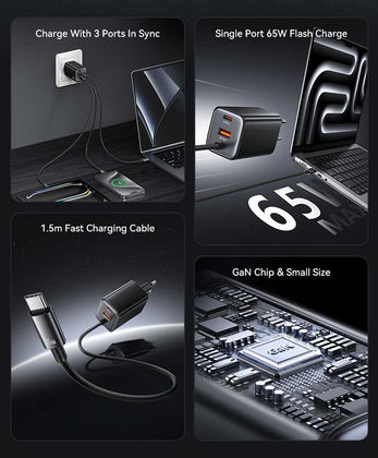 Usams Charger with Built-in Cable GaN with USB-A Port and USB-C Port USB-C 65W Blacks (CC266)