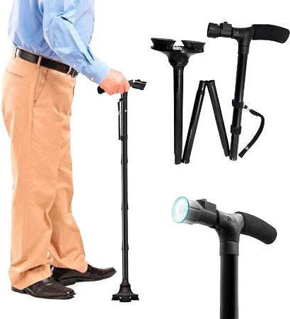 Baston pliabil cu mâner și lanternă LED, înălțime reglabilă în 5 trepte 85 – 97 cm, negru
