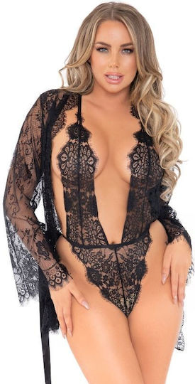 Leg Avenue Floral Lace Teddy with Robe Black