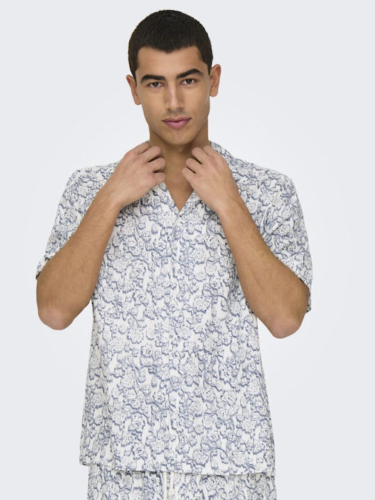 Κοντομάνικο Πουκάμισο σε Κανονική Γραμμή Floral Off White, Vintage Indigo
