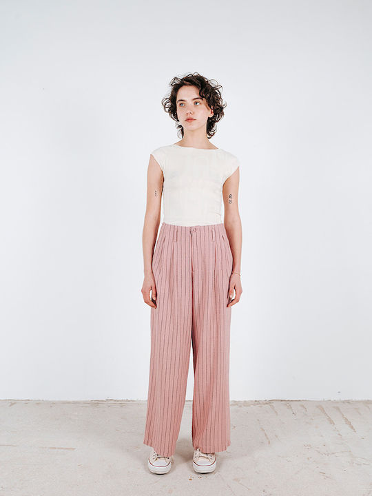 Damen Stoff Hose Gestreift Pink