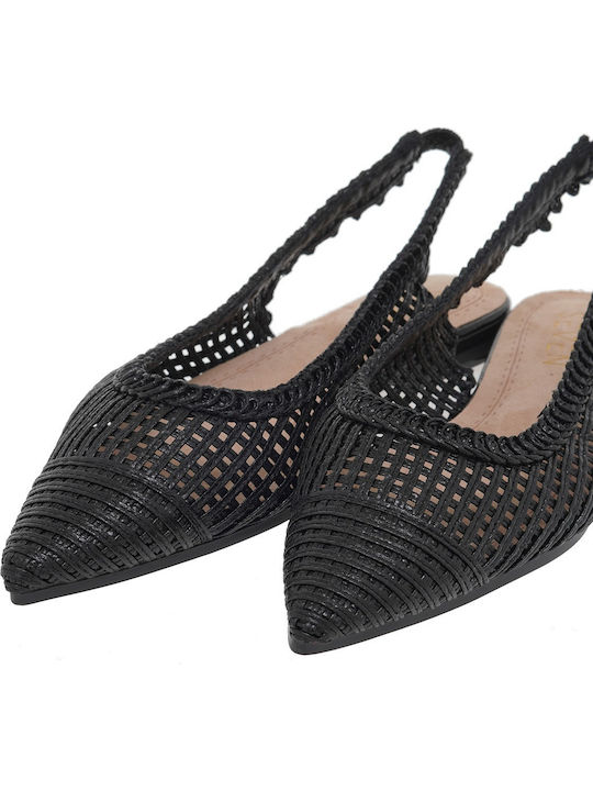 Synthetic Leather Black Low Heels with Strap