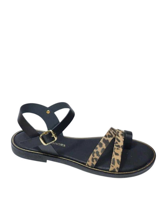 Leather Women's Flat Sandals in Black Color