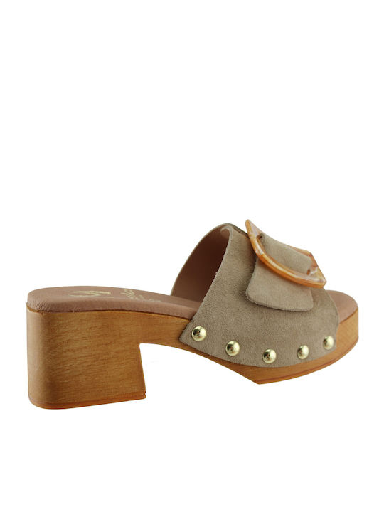 Suede Women's Mules with Low Heel in Beige Color