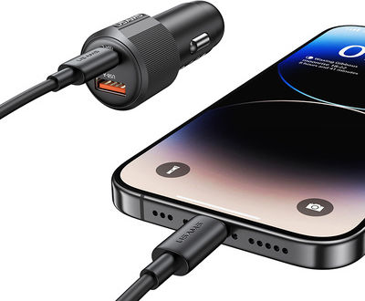 Usams Auto-Ladegerät 60W Schnellladung mit Anschlüssen: 1xUSB 1xType-C Schwarz Farbe