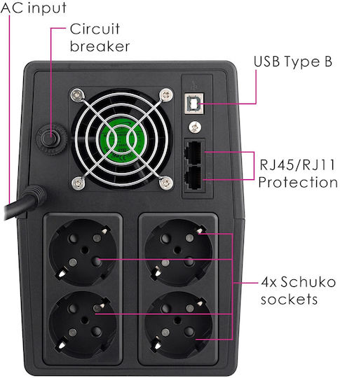 Powertech PT-1800LCD UPS Linie-Interaktiv 1800VA 1080W mit 4 Schuko-Steckdosen