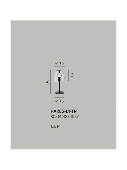 Fan Europe Ares Glas Tischlampe für E14 Fassung mit Transparentem Hut und Schwarzer Basis