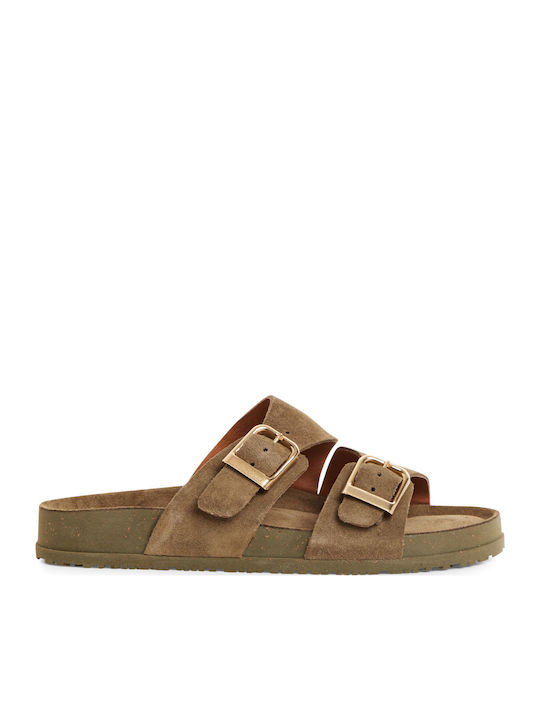 Leather Women's Flat Sandals Brown