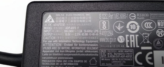 Acer Laptop Charger 45W 19V 1.1x3.0x7.7 Adp-45fe Black