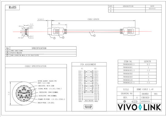 Vivolink Кабел HDMI мъжки - HDMI мъжки 1.5м Черен