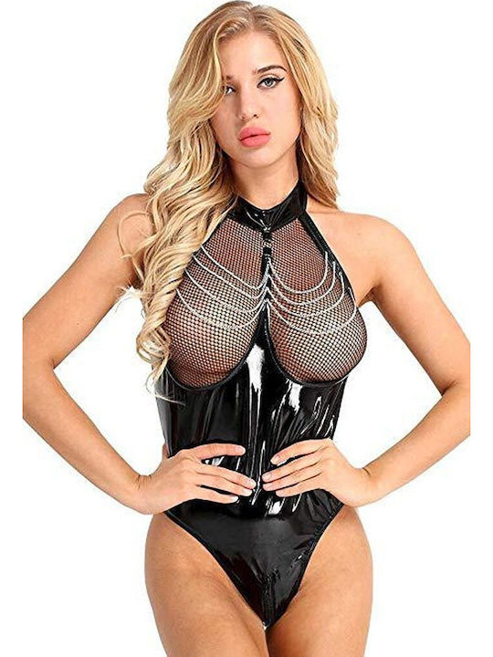 Sexy Body Costume Lingerie Cutouts Made Faux Leather Featuring Chains A Cup-less Fishnet Bra A Black Brazilian Thong A Zipper In Intimate Area