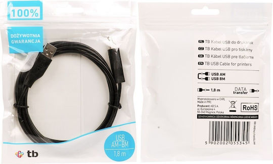 TB Touch USB 2.0 Cable USB-A male - USB-B male Μαύρο AKTBXKU1PABW18B