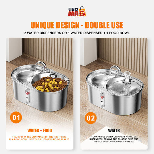 Linomag Automatic Stainless Steel Waterer / Fountain for Dog & Cat 3L 18.4cm in Grey Color