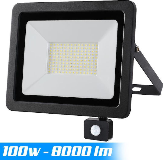 Bakaji Στεγανός Προβολέας LED 100W Ψυχρό Λευκό 6000K με Αισθητήρα Κίνησης και Φωτοκύτταρο IP65